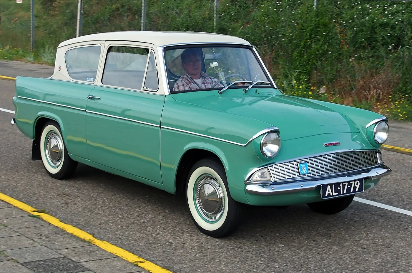 1962 Ford Anglia in Turquoise and white